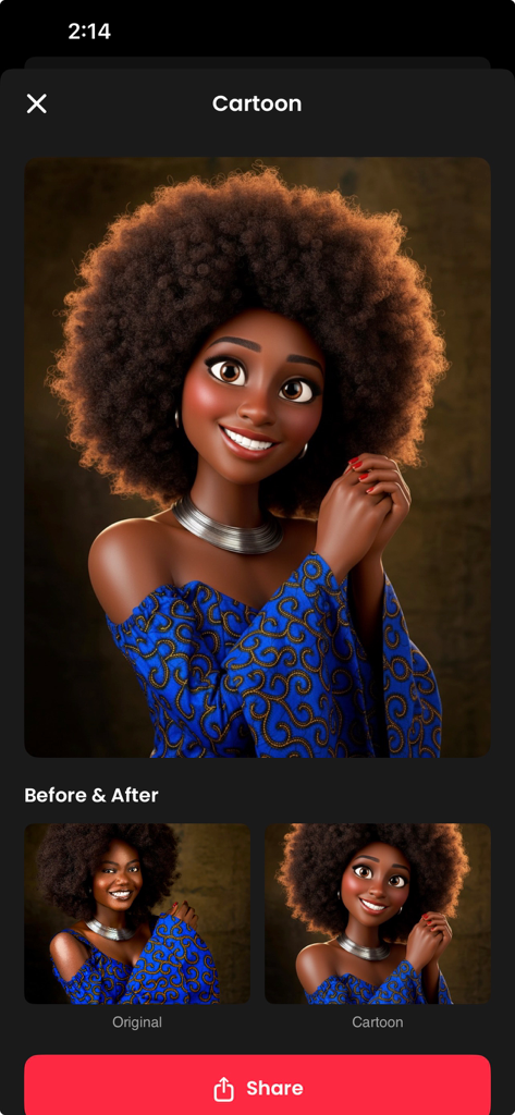 Retoon: Cartoon Photo Editor - Side-by-side comparison of a woman's portrait transformed into a 3D Pixar-style cartoon character using the Retoon app.