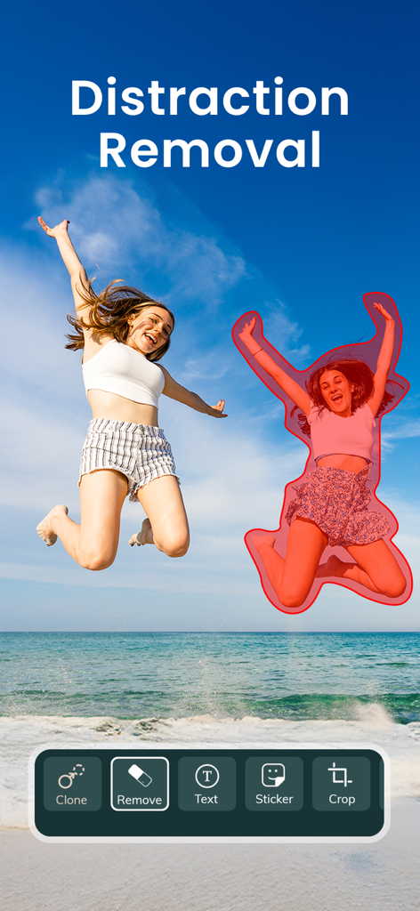 Object Remover : Remove People - Interface of the Object Remover app showing how to select and remove an unwanted person from a beach photo