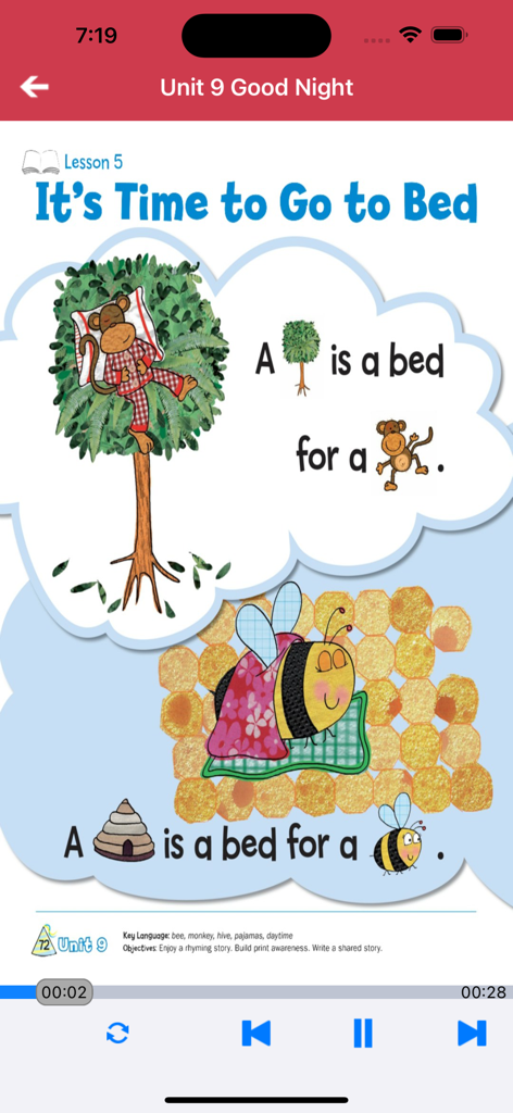 Educational rhyming story about animals and beds in the Hats On Top 2 app for kids.