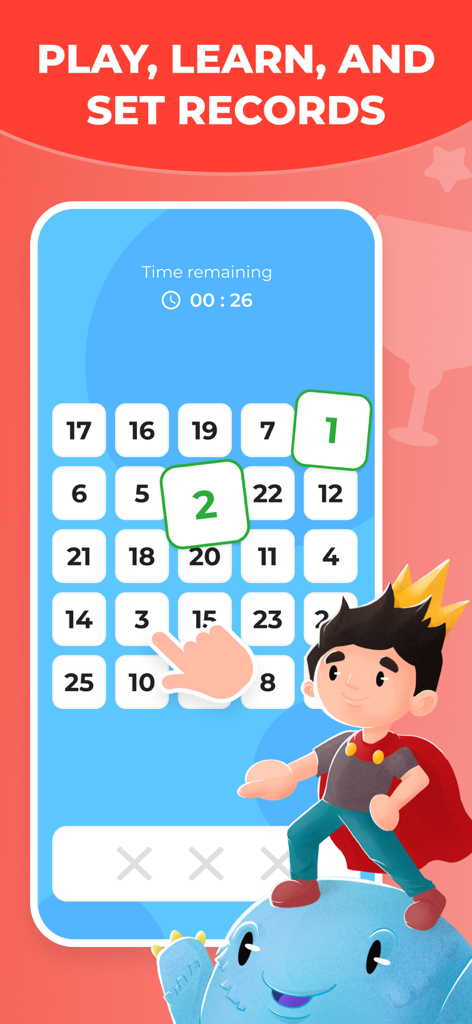 Matsy Kids: Easy Math - Un juego de secuencia de números cronometrado en la aplicación de matemáticas Matsy Kids con un rey de dibujos animados en un monstruo azul.