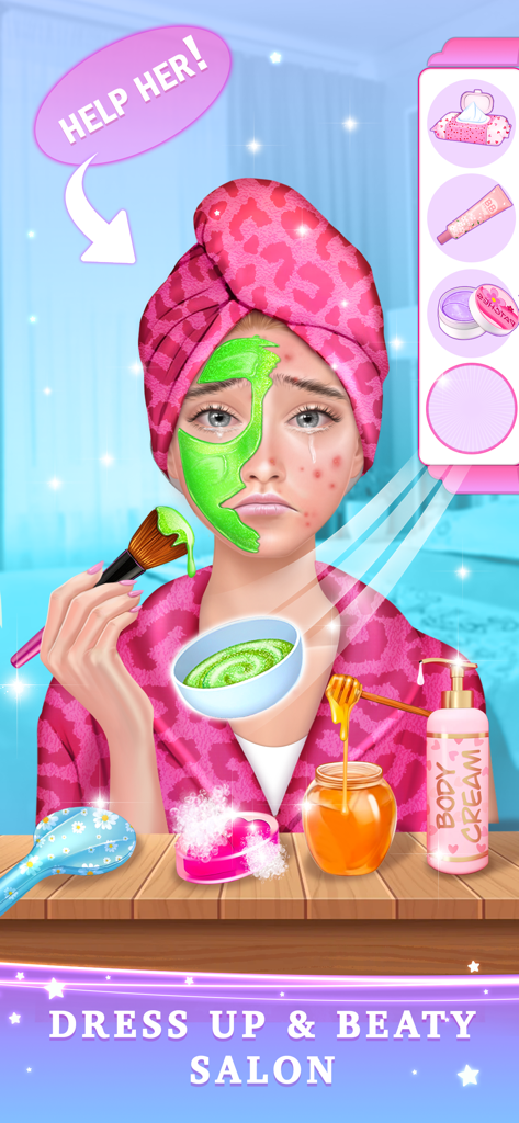 Spa BFF Makeover Dress Up Game - A girl with acne getting a green facial mask treatment in a beauty salon game