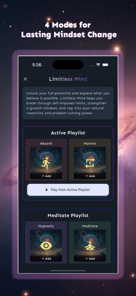 Inner.codes: Program Your Mind - Interfaz de la aplicación Inner.codes que muestra cuatro modos de cambio de mentalidad, incluidos Absorber, Mantra, Hipnótico y Meditar.