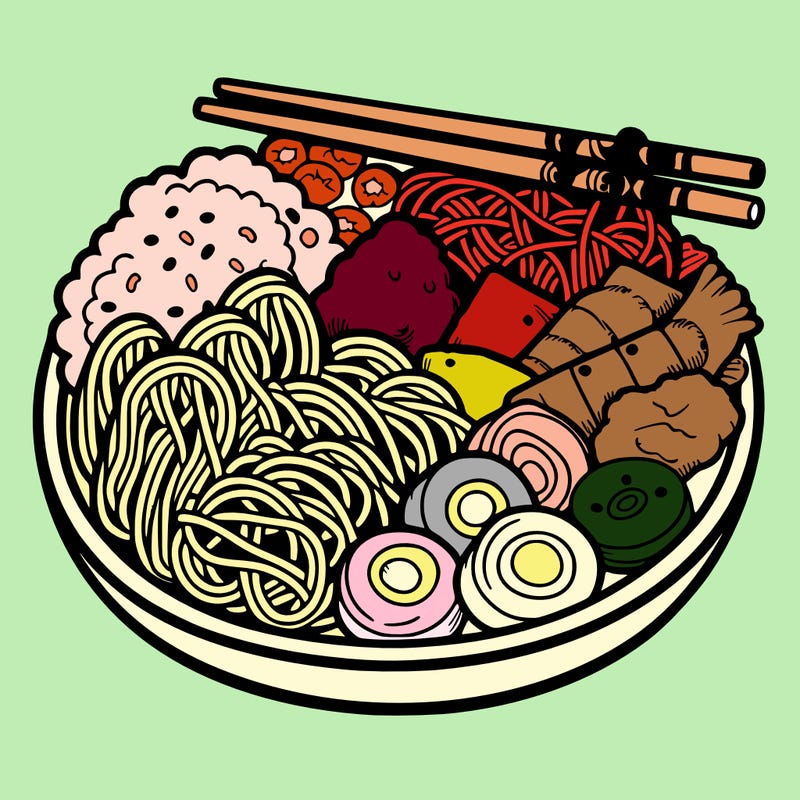 a plate full of chinese food and south korean and japanese