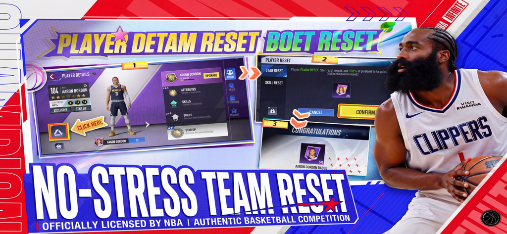 Interfaz del juego NBA Infinite mostrando la pantalla de reinicio de equipo sin estrés con James Harden y menús de gestión de jugadores.