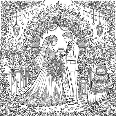 Dive into a uniquely passionate wedding scene, where a loving couple exchanges vows amidst a striking display of stylized flames. This intricate coloring page beautifully blends romance with dramatic artistic flair, perfect for an engaging coloring experience.