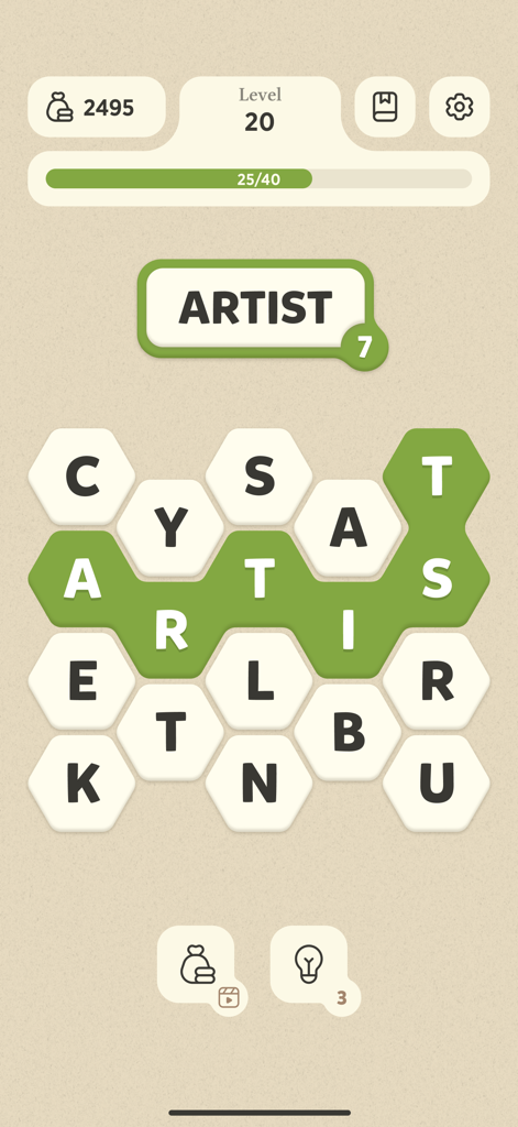 Word Master app interface showing a hexagonal word swipe puzzle on level 20 with the word artist highlighted