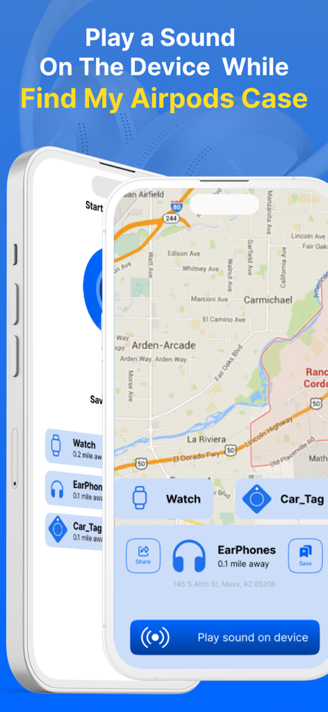 Bluetooth Finder : Ble Scanner - App interface showing a map with the location of lost Bluetooth devices and a button to play a sound