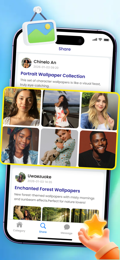 Viake - The Viake app share screen showing diverse high-definition wallpaper collections