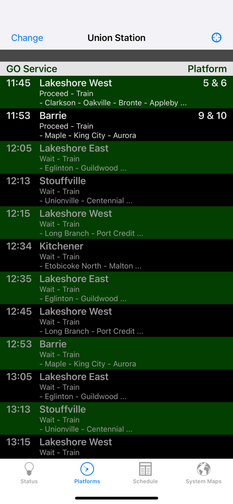GOToronto app displaying live train departure status and platform numbers for Union Station