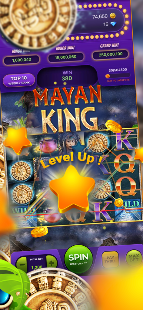 Portrait Slots™ : Vegas Casino - Écran de machine à sous sur le thème du Roi Maya avec une étoile de niveau supérieur et des compteurs de jackpot dans Portrait Slots Vegas Casino.