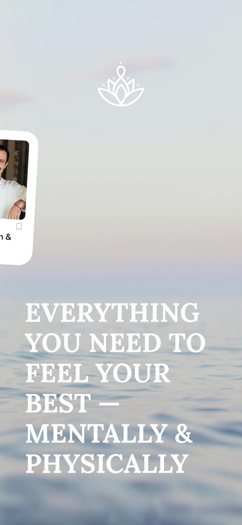 NewMindStart App-Bildschirm mit einem Meereshintergrund und einer Nachricht über geistiges und körperliches Wohlbefinden