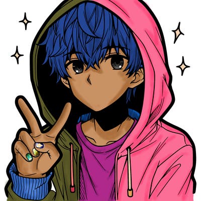teenage manga boy in a hoodie, doing ✌