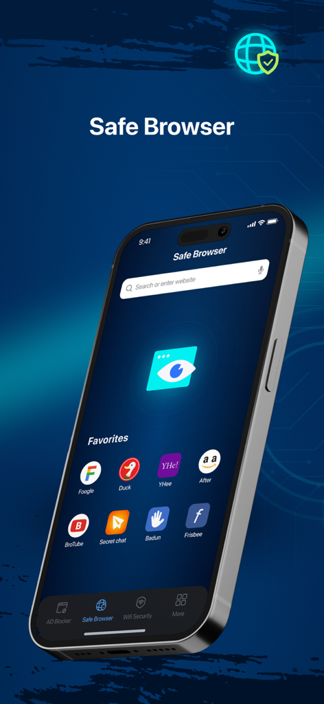 Safe Security App safe browser interface on an iPhone with private search and favorite site shortcuts