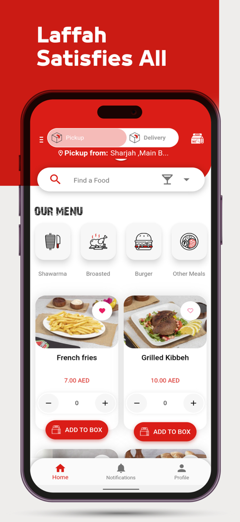 Interfaz de la app del Restaurante Laffah mostrando un menú de comida con categorías para Shawarma, Pollo Broaster y hamburguesas