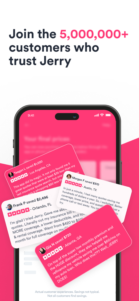 Jerry: Insurance & Car Care - Jerry 앱 사용자들의 긍정적인 고객 리뷰와 상당한 보험료 절약액을 표시하는 스마트폰 화면