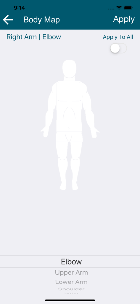 PACS Scan Mobile body map interface for selecting anatomical locations like the right arm elbow