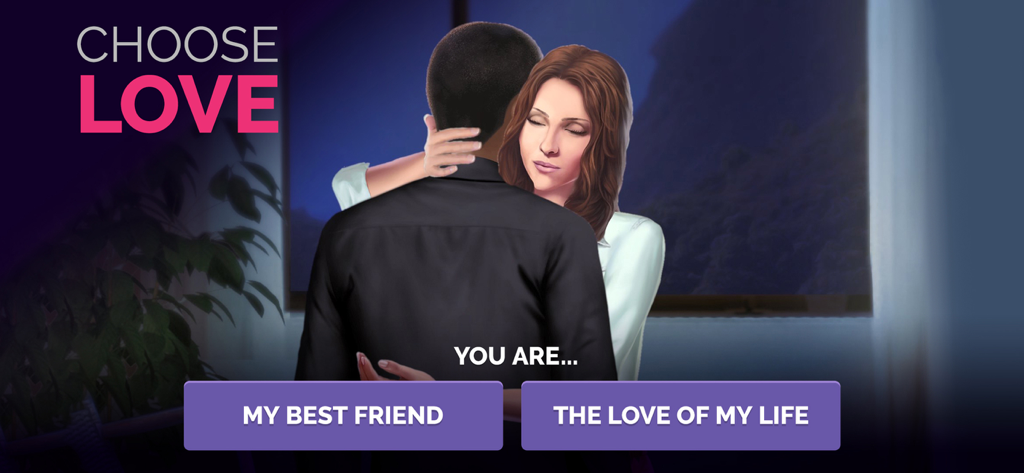 Uma cena romântica em Linda Brown: História Interativa mostrando uma escolha entre dois caminhos de relacionamento