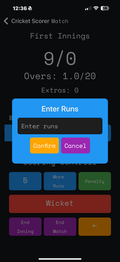 Gully Cricket Scorer - Benutzeroberfläche der Gully Cricket Scorer App, die ein Popup zum Eingeben von Runs während eines Spiels anzeigt