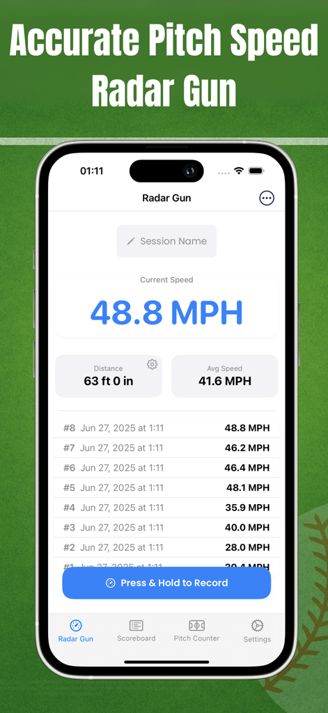 Pitch Counter - Radar Gun FYNX - Mobile app interface showing real-time baseball pitch velocity and speed history