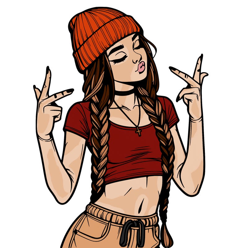 realistic teenage girl with braids and a beanie and crop top doing 🫶🏼