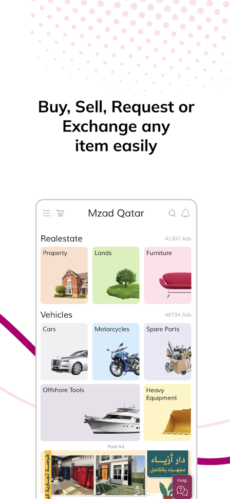 Mzad Qatar مزاد قطر - Mzad Qatar app interface showing real estate and vehicle shopping categories