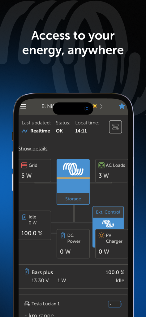 VRM: Victron Remote Management - Panel de control de la aplicación Victron Remote Management mostrando flujo de energía en tiempo real y estado del sistema