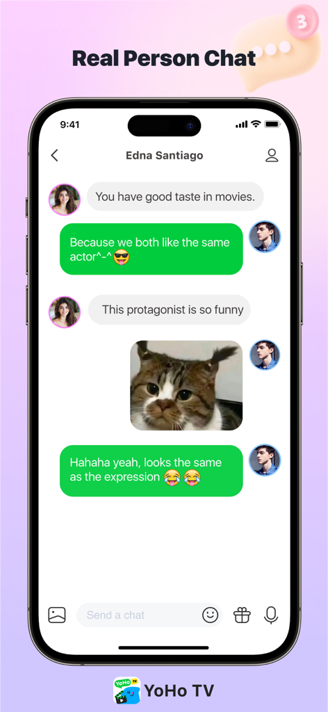 YoHo TV -- Drama & Chat - Écran de smartphone montrant l'interface de chat de YoHo TV avec des utilisateurs discutant d'un drama.