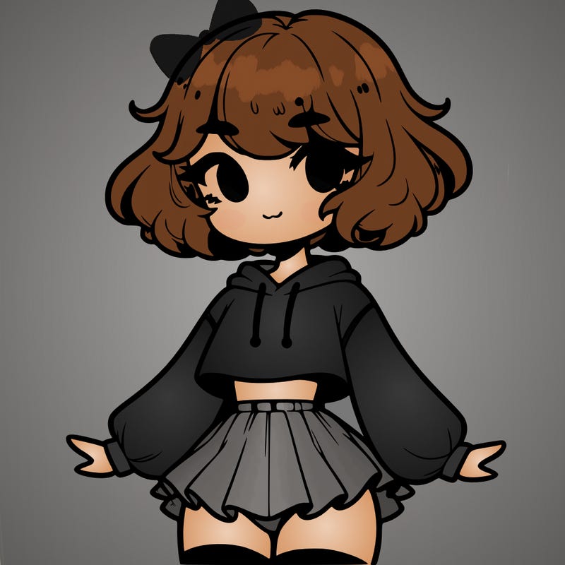 cute femboy with short, fluffy hair that softly frames their face, wearing a cropped hoodie, paired with a flouncy short skirt, and thigh-high stockings