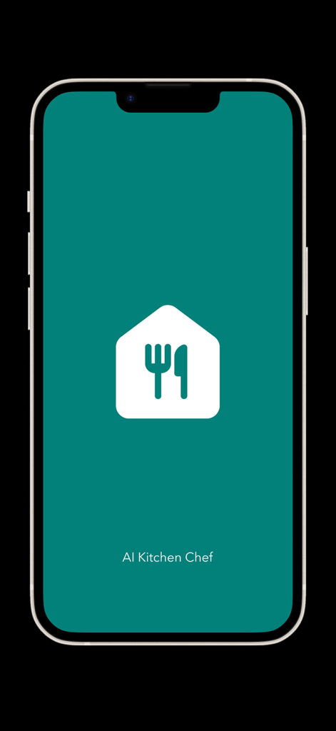 AI Kitchen Chef | Food Recipes - AIキッチンシェフアプリのスプラッシュスクリーン。ティール色の背景にフォークとナイフの白い家のアイコンが特徴。