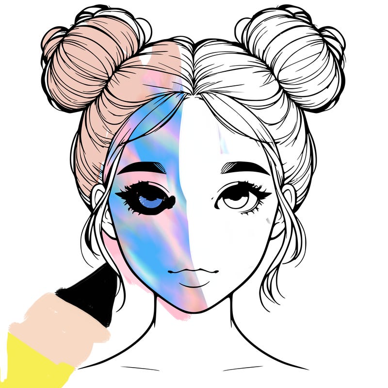 realistic girl with two buns on top of her head