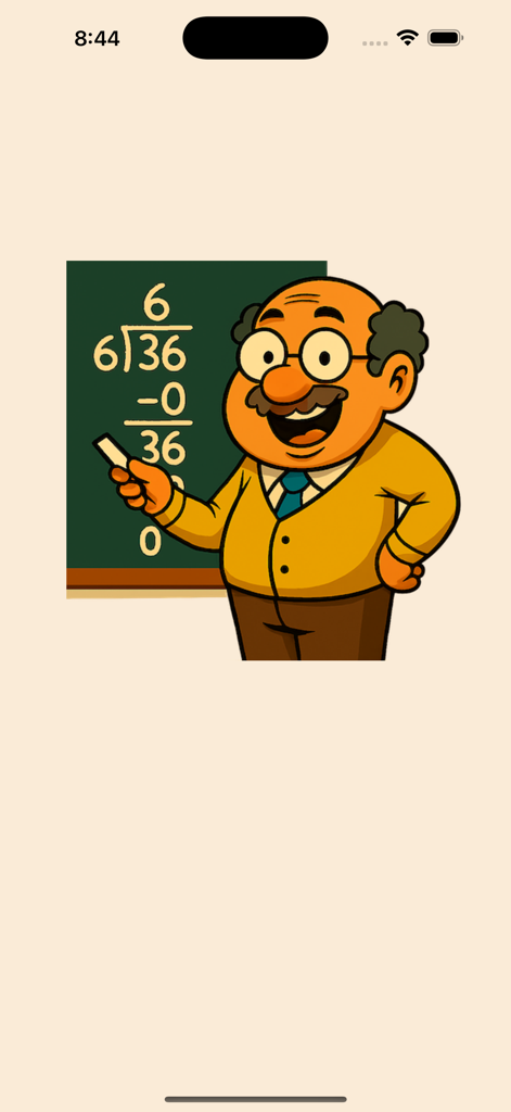 Una profesora de dibujos animados ilustrando un problema de matemáticas de división larga en una pizarra.