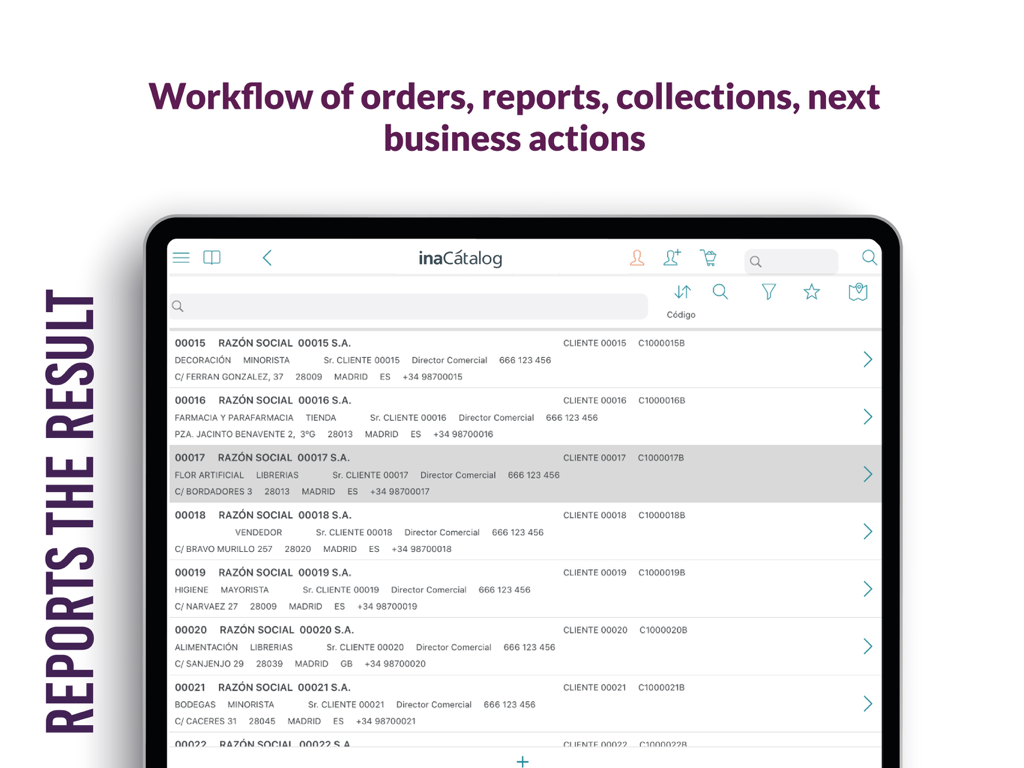 iPad screen of inaCátalog app showing a list of business clients and sales workflow reports.