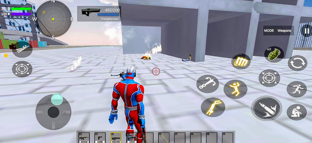 Third-person gameplay view of a superhero character in an open-world city environment with combat controls and mini-map