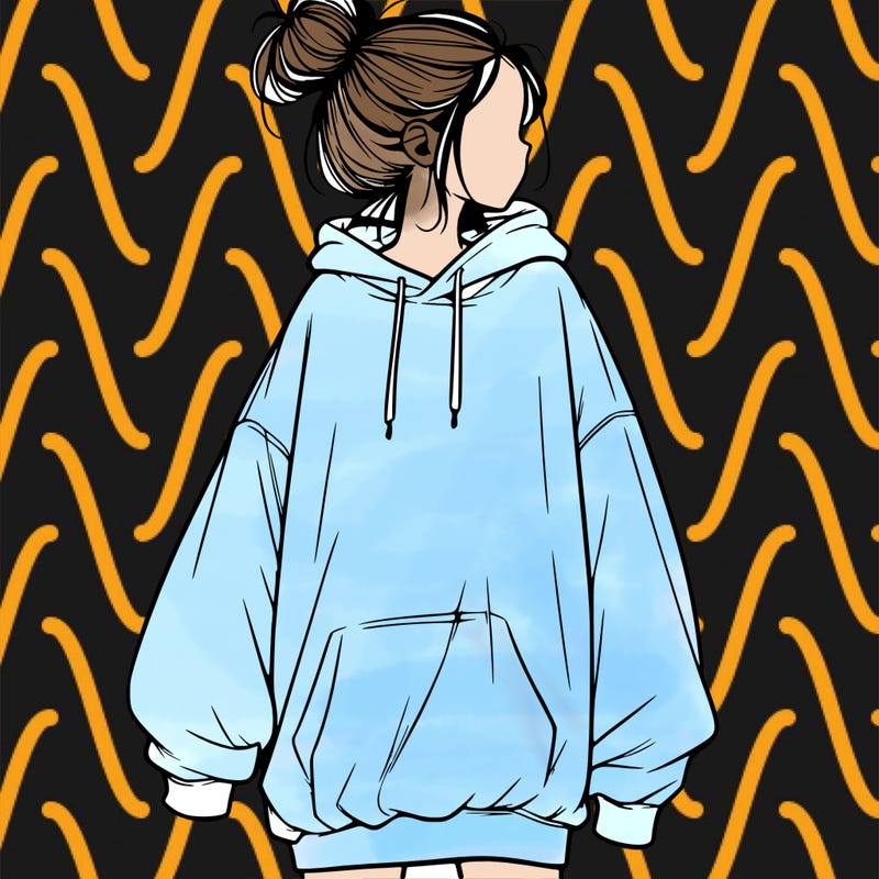 realistic girl with a oversized sweatshirt on and a bun