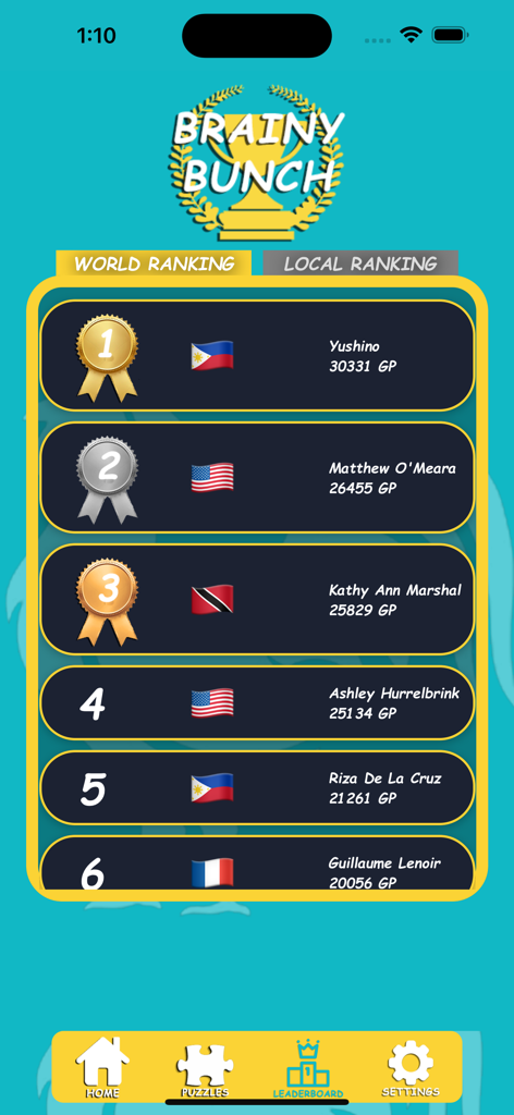 Rebus Puzzle: Brain Teaser - World ranking leaderboard screen in the Rebus Puzzle Brain Teaser app showing top players and their game points