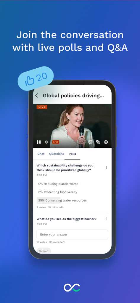 Swapcard - Smart Event App - A smartphone screen displaying the Swapcard app with a live video stream and interactive audience polls