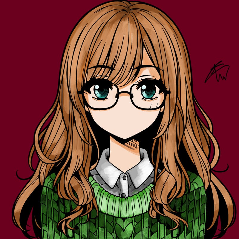 manga character girl with medium lips long hair and glasses