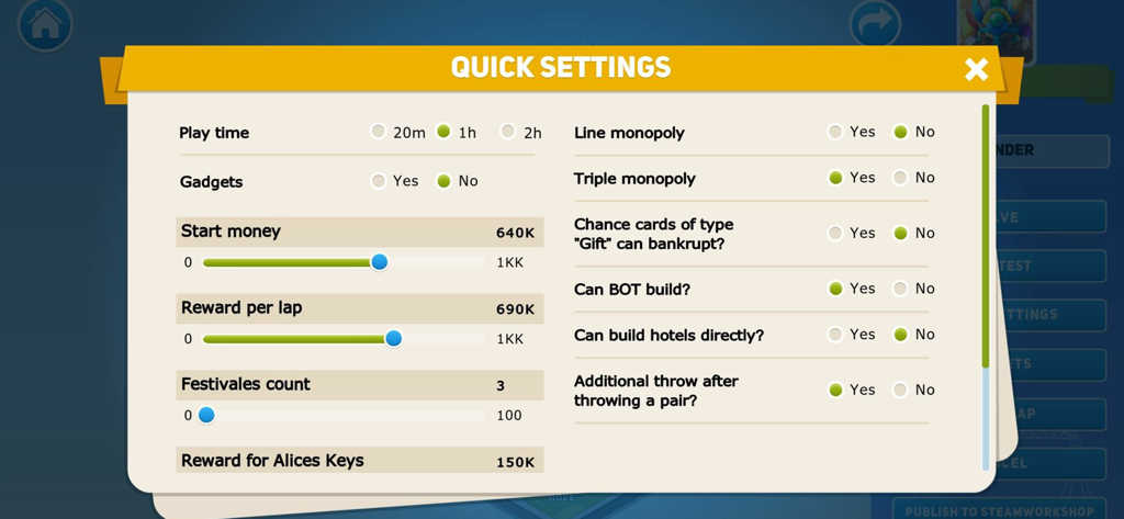 Business tour - Quick settings menu for the Business Tour mobile game showing customization options for game rules and economy