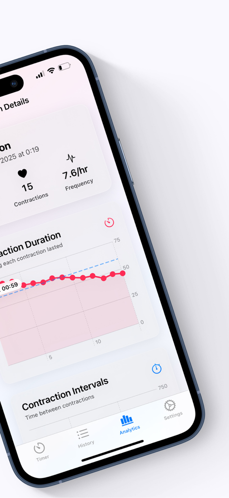 Contraction Timer ＆ Kick Count - An iPhone screen displaying labor analytics charts for contraction duration and frequency within a pregnancy tracking app