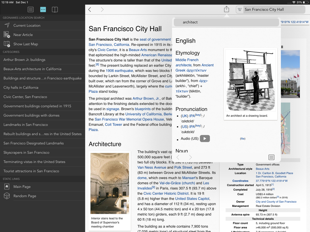 Wikipanion for iPad - Oberfläche von Wikipanion für iPad, die einen Wikipedia-Artikel über das Rathaus von San Francisco und eine Wiktionary-Popup-Definition für das Wort Architekt anzeigt