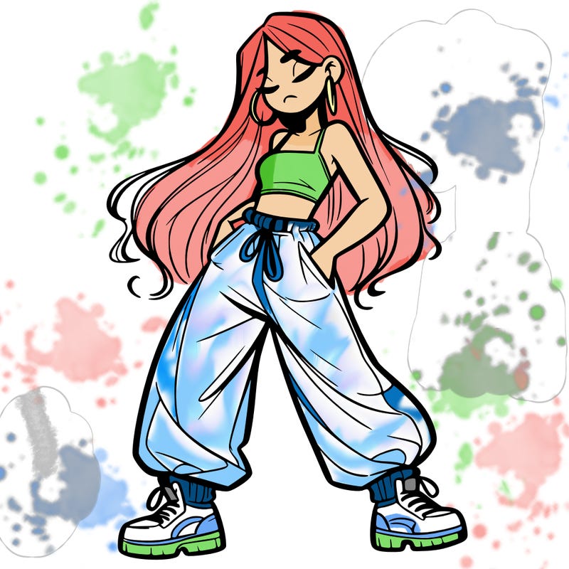 girl in baggy pants crop top and long hair