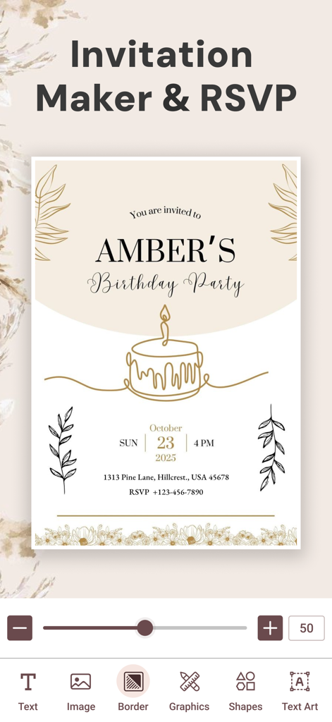 Mobile app interface showing the editor for a minimalist birthday invitation card with RSVP details and design tools.