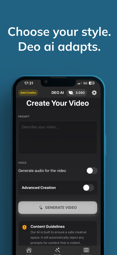 Deo ai: AI Video Maker - Deo ai App-Oberfläche zur Generierung von Videos aus Text-Prompts mit Optionen für Audio und erweiterte Erstellung.