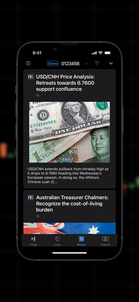 INZO cTrader - Feed de notícias financeiras e análises dentro do aplicativo de negociação móvel INZO cTrader mostrando insights de pares de moedas