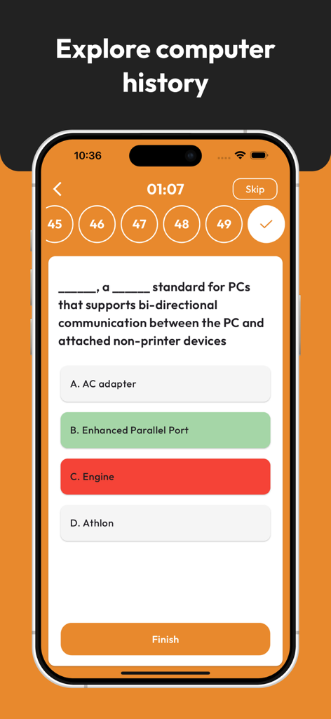 A multiple-choice quiz screen about computer history within the Computer Science Dictionary app.
