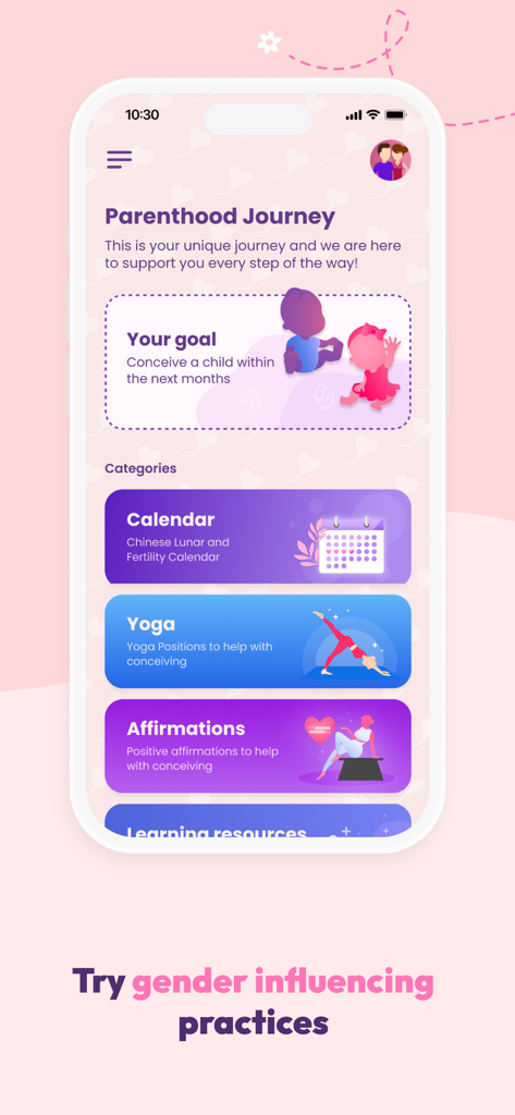 Interfaz de la app Ovulio Baby mostrando el panel de viaje de paternidad con categorías de calendario de fertilidad, yoga y afirmaciones