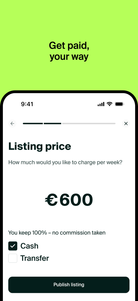 Ciao - Sublet Community - Una pantalla en la aplicación Ciao que muestra la configuración del precio de un subarriendo con cero comisiones y opciones de pago en efectivo o transferencia bancaria.