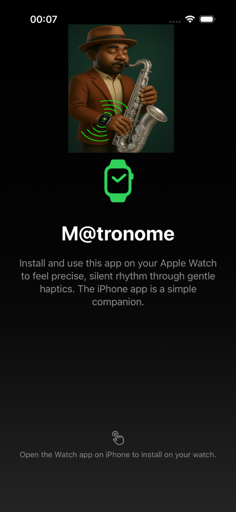 M@tronome - Tela do aplicativo M@tronome mostrando um músico usando ritmo haptic silencioso em um Apple Watch