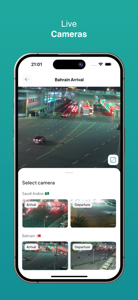 JESR | جسر - Screenshot der JESR-App, der Live-Verkehrskamerabilder für den Grenzübergang King Fahd Causeway anzeigt