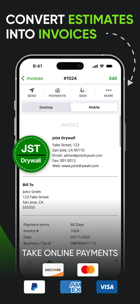 Joist app interface showing a professional contractor invoice and online payment options like credit cards and PayPal
